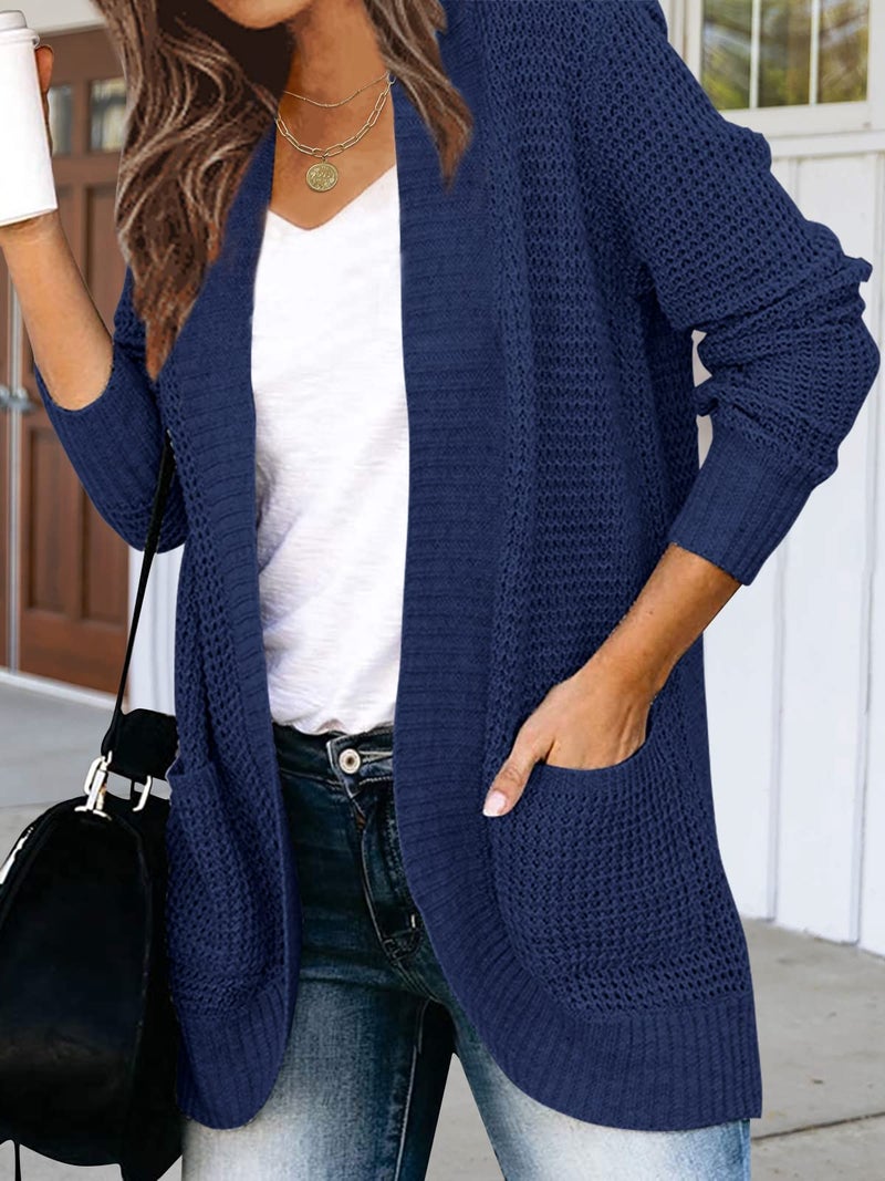MEROKEETY Womens Long Sleeve Cardigan Sweaters Fall Winter Chunky Cozy Knit Draped Open Front Outwear Outfits, Navy, M - Image 3